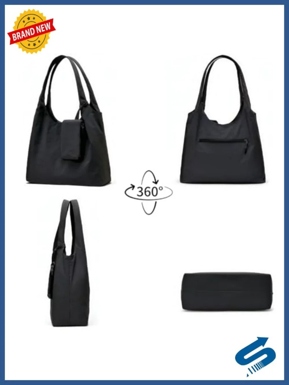 Nylon Tote Bag with Zipper - Medium Lightweight Soft Slouchy Hobo Shoulder